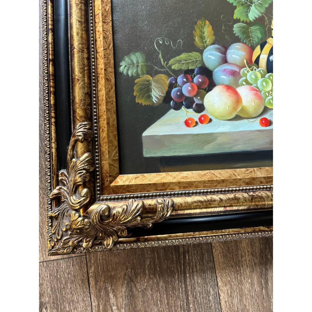 J Abrams Signed Still Life Oil Painting Ornate Gold Wood Frame Fruit Grapes - Picture 3 of 8